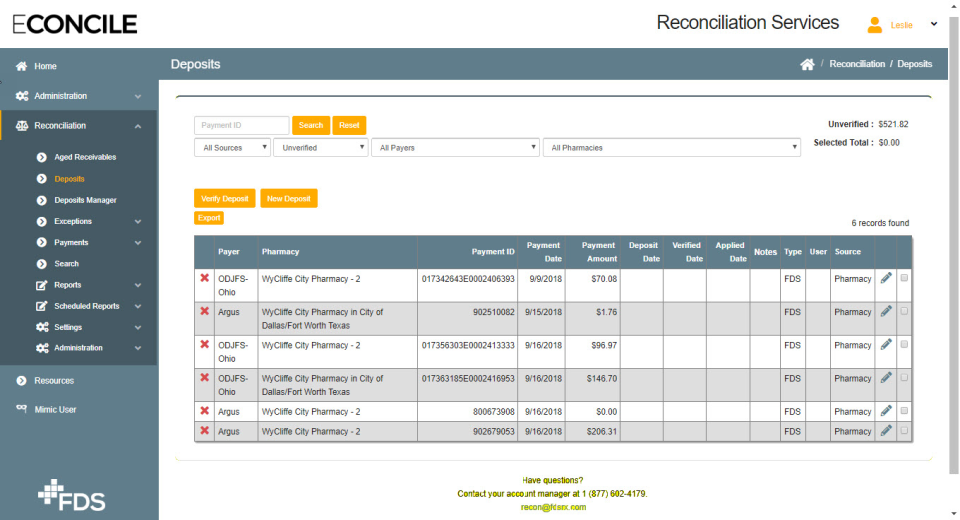 screenshot of FDS ECONCILE